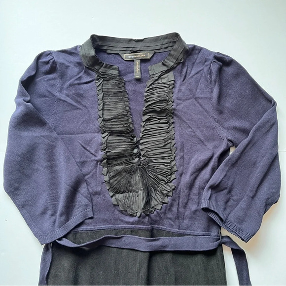 BCBG MaxAzria Blue Black Dress Ruffle V Neck Silk Knit Sweater Dark Academia XXS - Picture 10 of 14